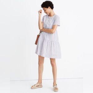 Madewell Striped Crewneck Button-Front Tiered Mini Dress